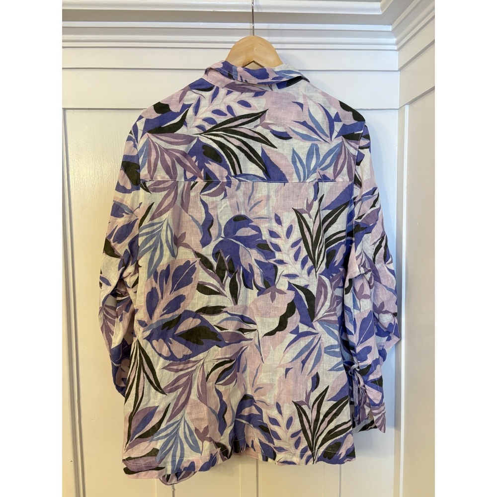 C&C California Women Purple Tropical Leaf Print 100% Linen Tunic Top 3/4 Sleeve - Picture 2 of 11